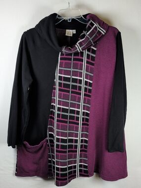 Parley & Sage Fine Knit Colorblock Swing Tunic - Size 1X - Plaid Plum Artsy